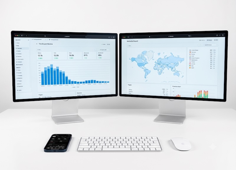 Signal analytics dashboard shown on two monitors — traffic overview and a visitor world map